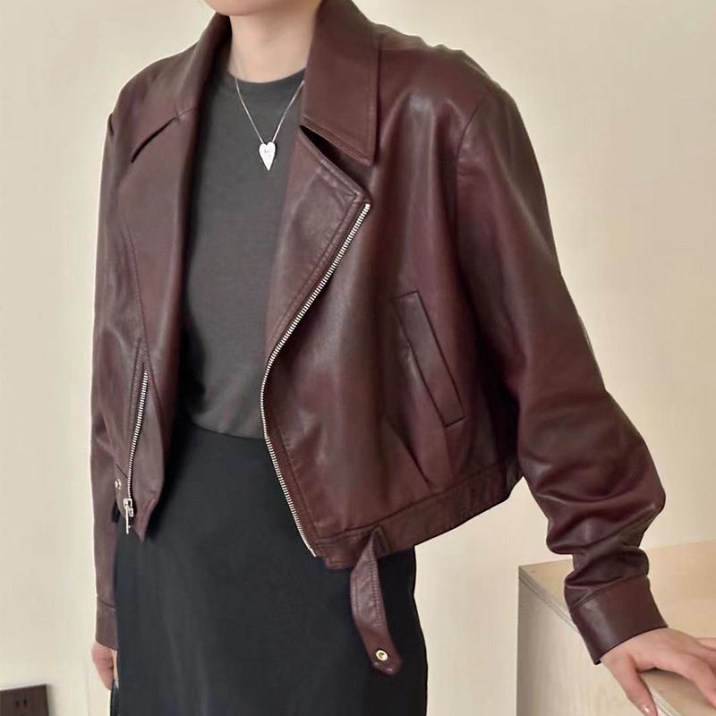 European Style Lapel Short PU Leather Jacket for Women - Petite Fit, Street Style