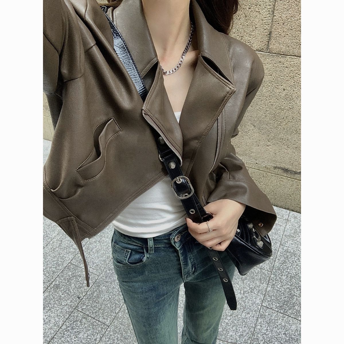 European Style Lapel Short PU Leather Jacket for Women - Petite Fit, Street Style