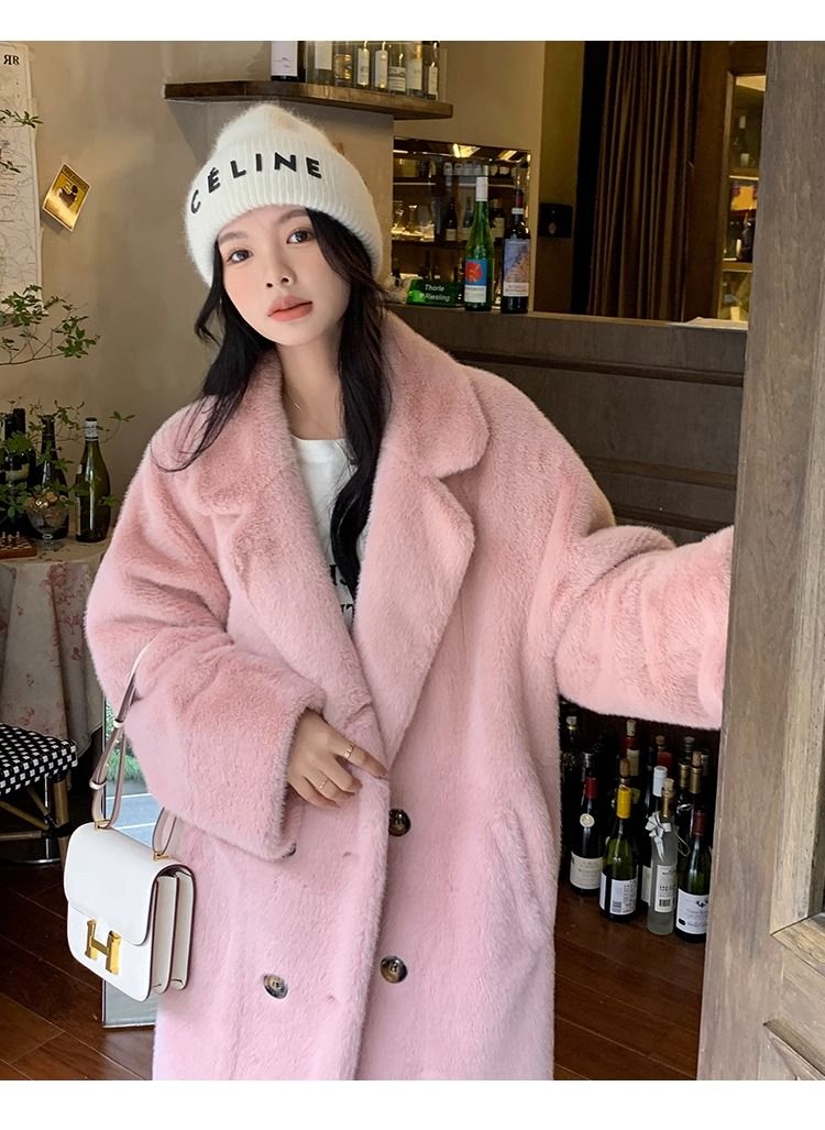 Eco-Friendly Faux Mink Fur Long Coat for Women, Thickened European Mink Fur, Loose Fit with Suit Collar