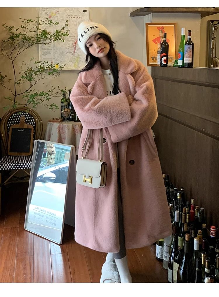 Eco-Friendly Faux Mink Fur Long Coat for Women, Thickened European Mink Fur, Loose Fit with Suit Collar