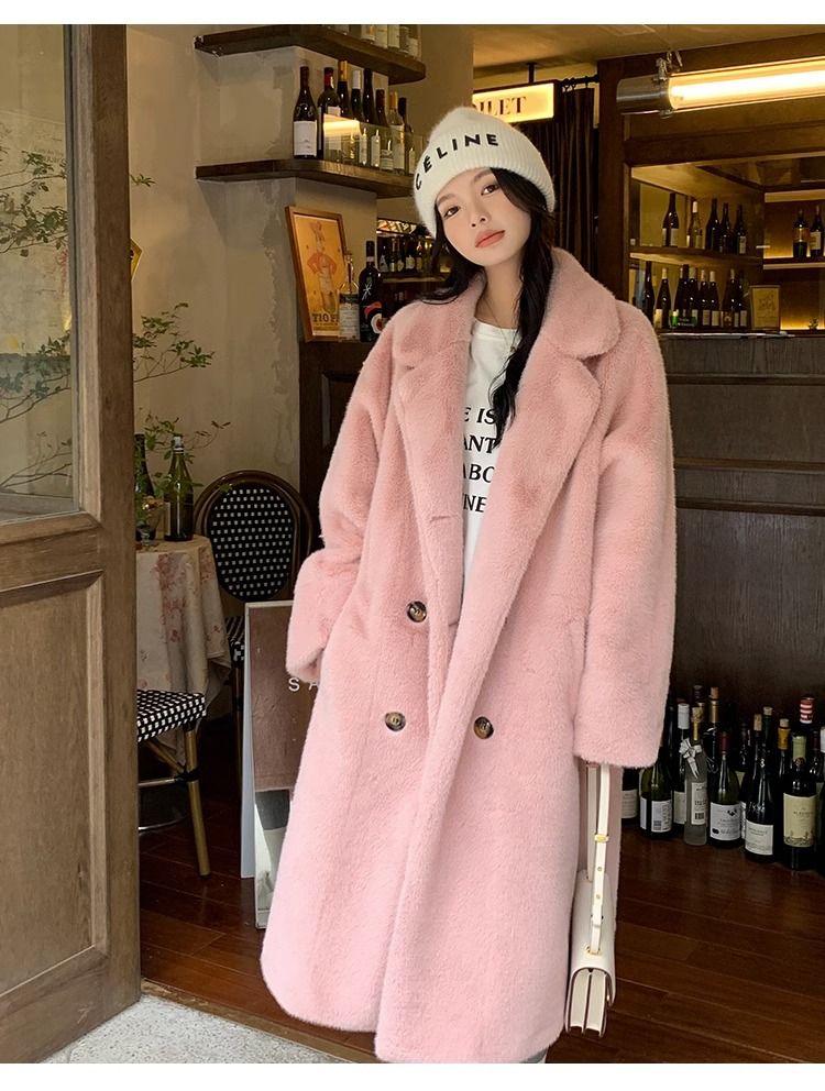 Eco-Friendly Faux Mink Fur Long Coat for Women, Thickened European Mink Fur, Loose Fit with Suit Collar