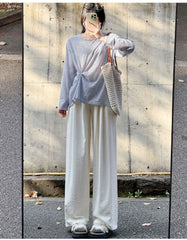 Korean Creamy White Textured Wide Leg Summer Pants High Waist Drape Milk Straight