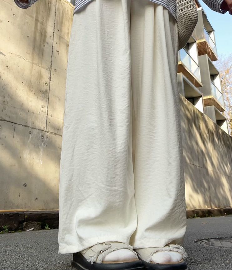 Korean Creamy White Textured Wide Leg Summer Pants High Waist Drape Milk Straight