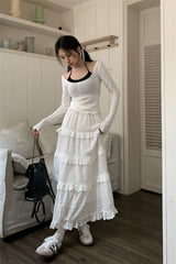 Crocheted Women's High Waist Slim A-Line Long White Cake Skirt