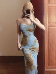 French tie-dye printed spaghetti strap dress  long bodycon dress