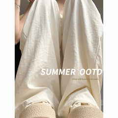 Korean Creamy White Textured Wide Leg Summer Pants High Waist Drape Milk Straight