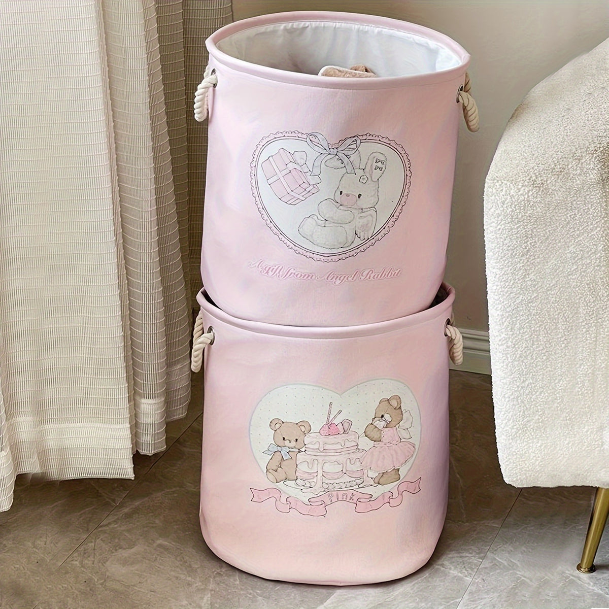 Adorable Bear & Rabbit Collapsible Laundry Basket - Thick Fabric, Decorative Storage for Toys, Clothes, Blankets - Perfect for Bedroom, Living Room, Bathroom Organization