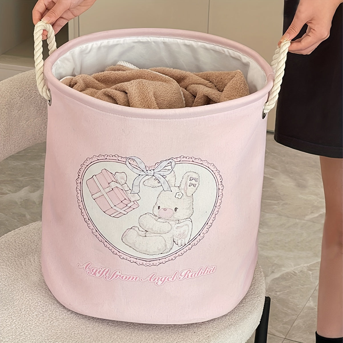 Adorable Bear & Rabbit Collapsible Laundry Basket - Thick Fabric, Decorative Storage for Toys, Clothes, Blankets - Perfect for Bedroom, Living Room, Bathroom Organization