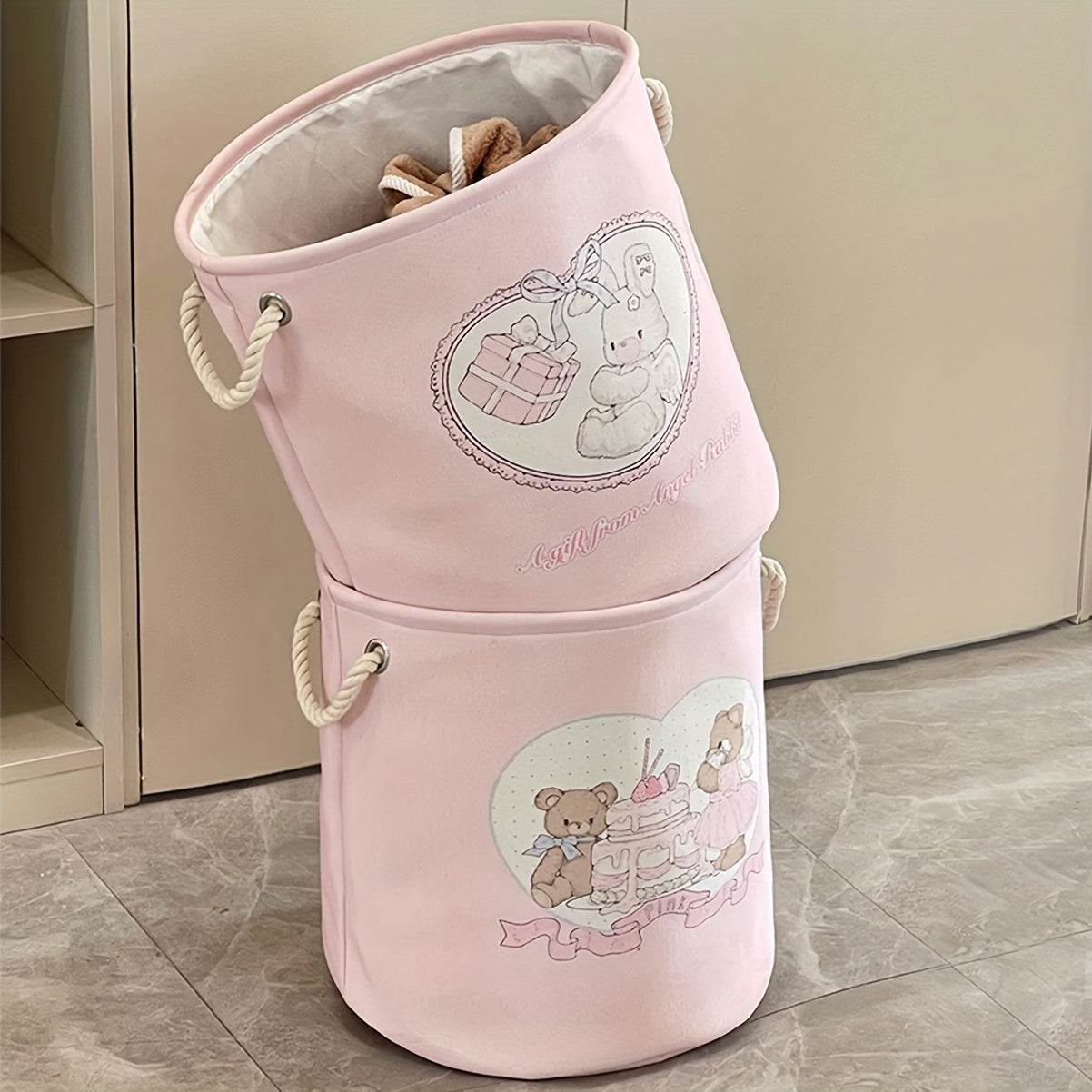 Adorable Bear & Rabbit Collapsible Laundry Basket - Thick Fabric, Decorative Storage for Toys, Clothes, Blankets - Perfect for Bedroom, Living Room, Bathroom Organization