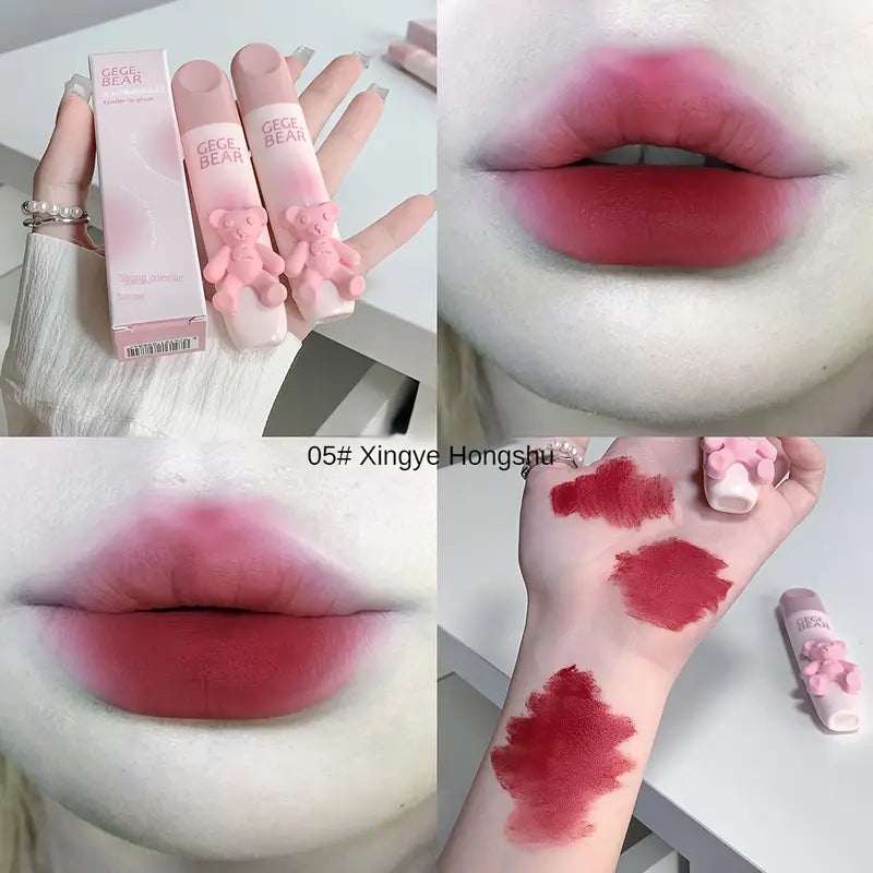 6 Color Lip Gloss, Cute Little Bear, Tender Color Lip Gloss Velvet Soft Mist Matte Color Rendering Brightening Non Stick Cup Lipstick, Lip Gloss