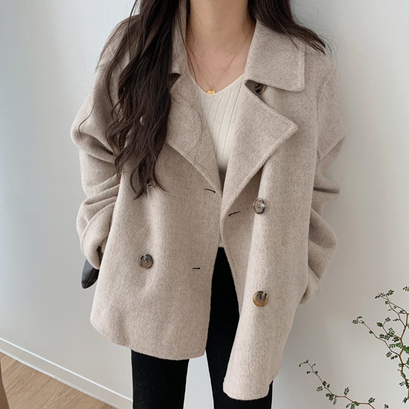 Collar double-breasted loose casual all-match long-sleeved warm woolen coat