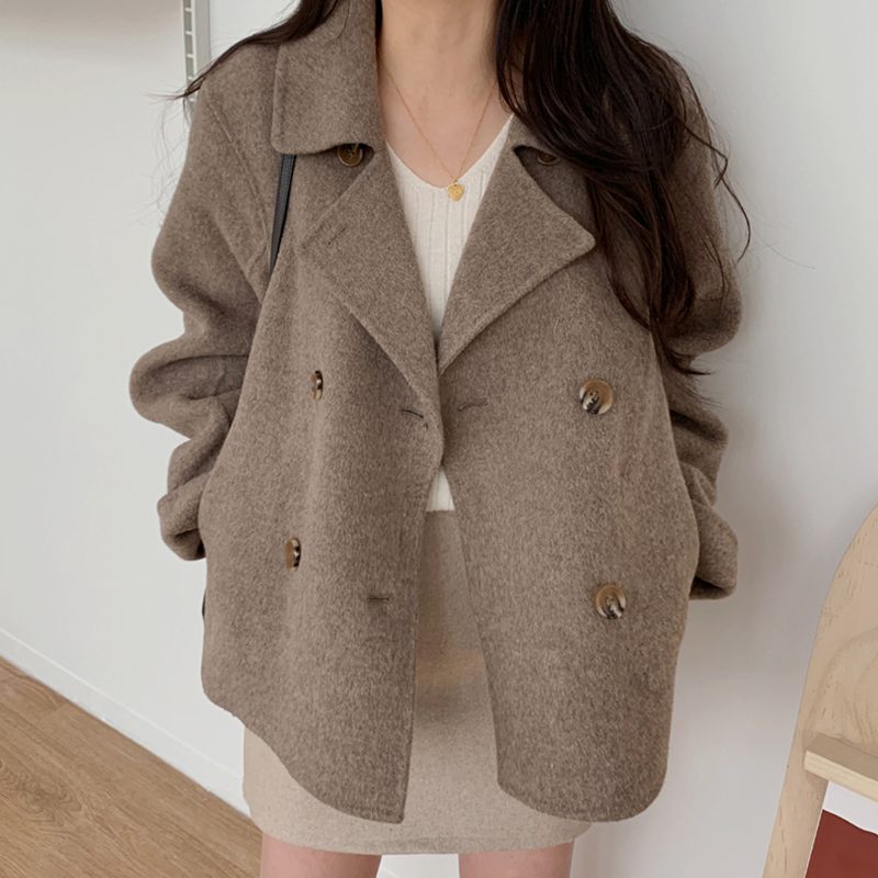 Collar double-breasted loose casual all-match long-sleeved warm woolen coat