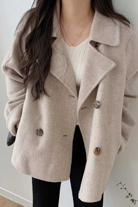 Collar double-breasted loose casual all-match long-sleeved warm woolen coat