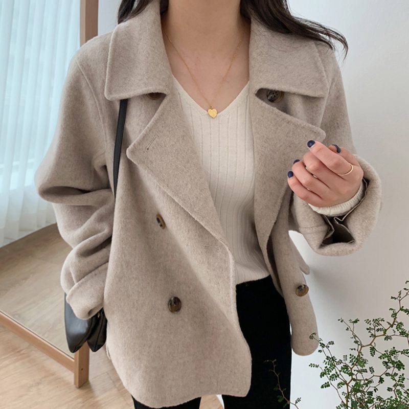 Collar double-breasted loose casual all-match long-sleeved warm woolen coat