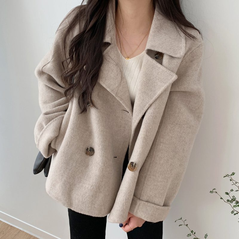 Collar double-breasted loose casual all-match long-sleeved warm woolen coat