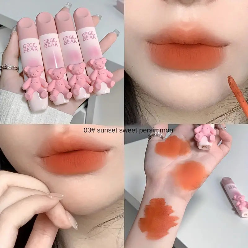 6 Color Lip Gloss, Cute Little Bear, Tender Color Lip Gloss Velvet Soft Mist Matte Color Rendering Brightening Non Stick Cup Lipstick, Lip Gloss