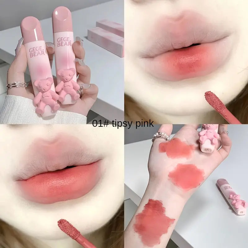 6 Color Lip Gloss, Cute Little Bear, Tender Color Lip Gloss Velvet Soft Mist Matte Color Rendering Brightening Non Stick Cup Lipstick, Lip Gloss