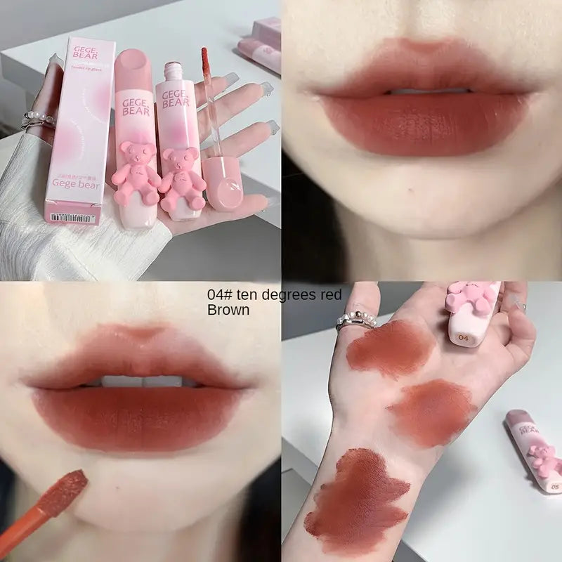 6 Color Lip Gloss, Cute Little Bear, Tender Color Lip Gloss Velvet Soft Mist Matte Color Rendering Brightening Non Stick Cup Lipstick, Lip Gloss