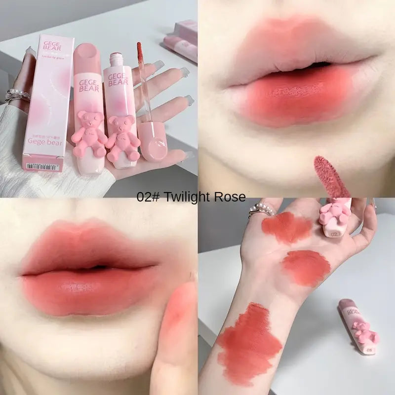 6 Color Lip Gloss, Cute Little Bear, Tender Color Lip Gloss Velvet Soft Mist Matte Color Rendering Brightening Non Stick Cup Lipstick, Lip Gloss