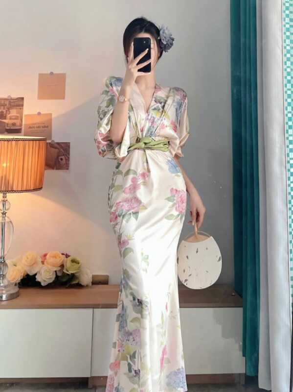 French V-neck silk floral print long maxi dress