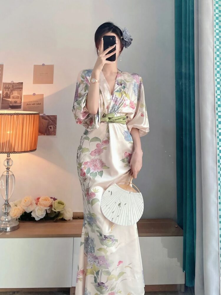 French V-neck silk floral print long maxi dress