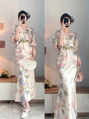 French V-neck silk floral print long maxi dress