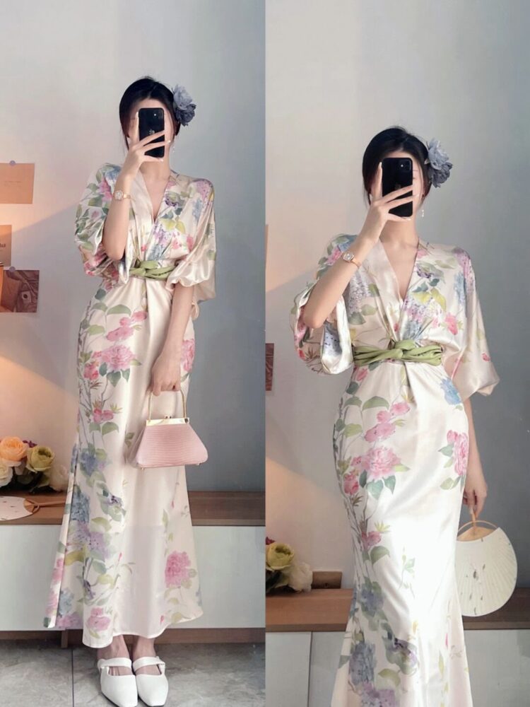 French V-neck silk floral print long maxi dress