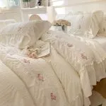 French retro floral embroidered seersucker fabric washed cotton bed sheets four-piece set with quilt cover | Aesthetic bedding