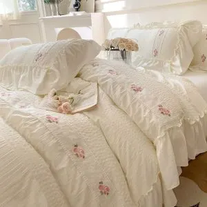 French retro floral embroidered seersucker fabric washed cotton bed sheets four-piece set with quilt cover | Aesthetic bedding