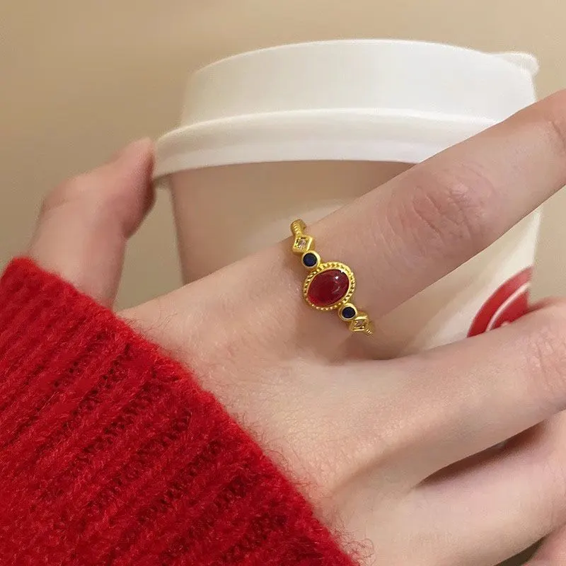 13377086884678802 Matte Gold Enamel Ring - Retro Chinese Style Statement Jewelry - Image 1