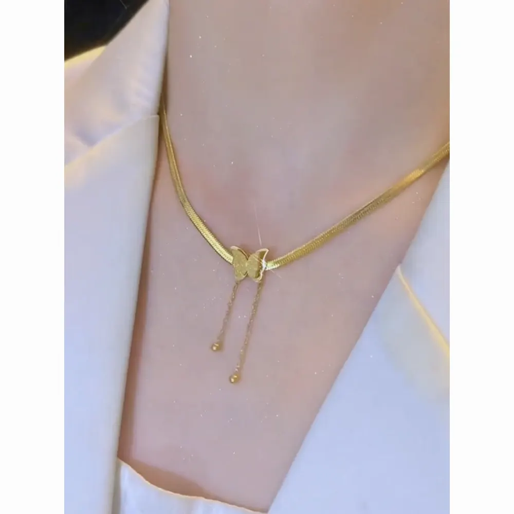 13389515206817650 Gold Matte Butterfly Tassel Choker – Titanium Steel Snake Chain Necklace - Image 1