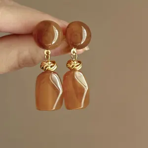 French Vintage Acrylic Long Earrings – Cream Almond and Sunset Orange Elegant Statement Studs