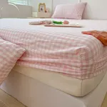 Washed Cotton Fitted Sheet – Simple Checkered & Solid Color Mattress Protector, Full Wrap Bed Sheet 3-Piece Set - Image 4