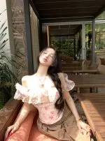Floral Off-Shoulder Ruffle Blouse – Lace Trim Slim Fit Feminine Top - Image 4