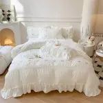 French retro floral embroidered seersucker fabric washed cotton bed sheets four-piece set with quilt cover | Aesthetic bedding - Image 5