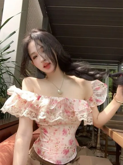 Floral Off-Shoulder Ruffle Blouse – Lace Trim Slim Fit Feminine Top
