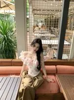 Floral Off-Shoulder Ruffle Blouse – Lace Trim Slim Fit Feminine Top - Image 3