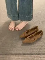 French Suede Pointed Toe Mary Jane Flats – Vintage Slip-On Women's Shoes - Image 5