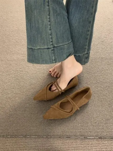 French Suede Pointed Toe Mary Jane Flats – Vintage Slip-On Women's Shoes