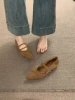 French Suede Pointed Toe Mary Jane Flats – Vintage Slip-On Women's Shoes - Image 2