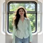 Mint Green Ruffle V-Neck French Girl Blouse - Image 5