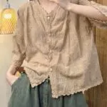 Vintage Floral Embroidered Cotton Tie-Front Cardigan Blouse
