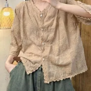 Vintage Floral Embroidered Cotton Tie-Front Cardigan Blouse