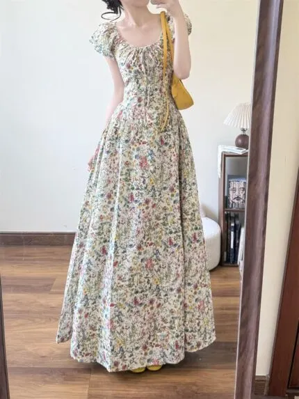 Korean Cottagecore Floral Puff Sleeve A-Line Maxi Dress for Women