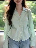 Mint Green Ruffle V-Neck French Girl Blouse - Image 11