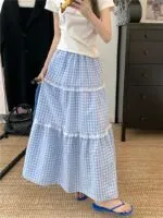 Elegant Lace Patchwork Plaid A-Line Cake Skirt - Image 3