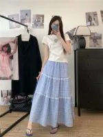 Elegant Lace Patchwork Plaid A-Line Cake Skirt - Image 5