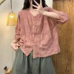 Vintage Floral Embroidered Cotton Tie-Front Cardigan Blouse - Image 3
