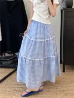 Elegant Lace Patchwork Plaid A-Line Cake Skirt