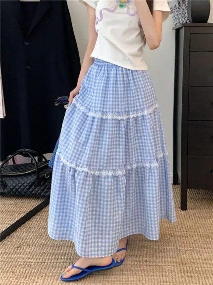 Elegant Lace Patchwork Plaid A-Line Cake Skirt